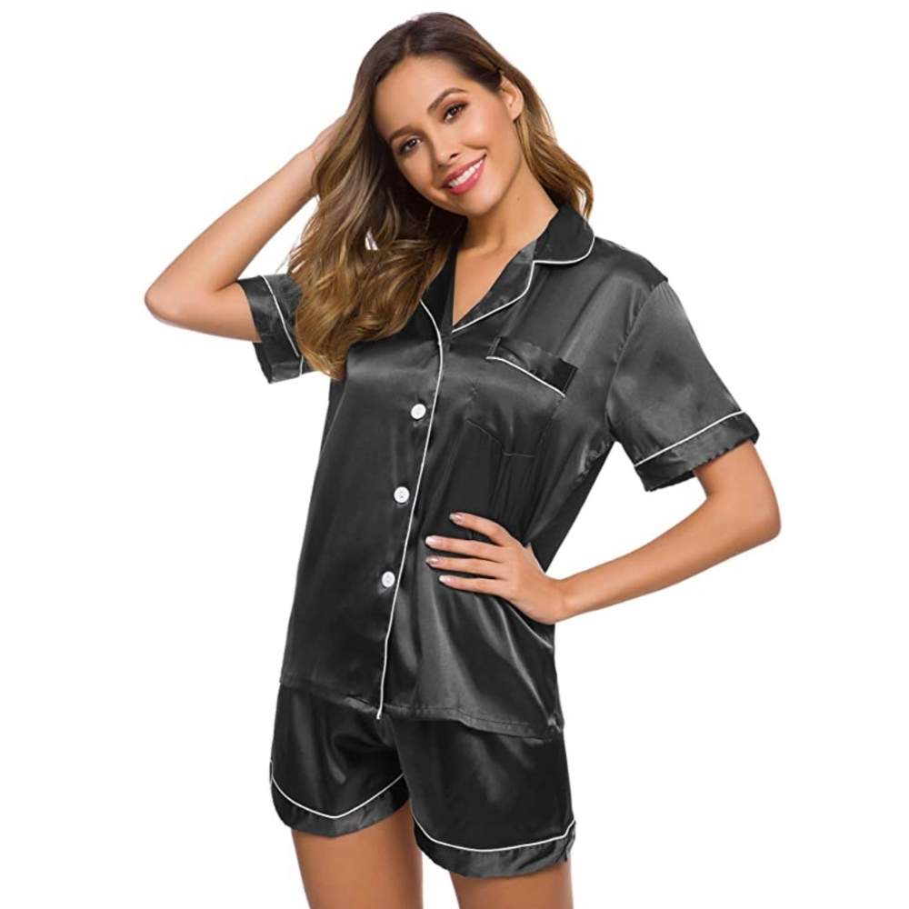 Woman wearing the black satin short pyjamas