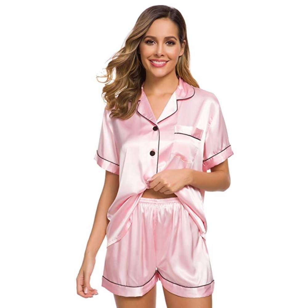 Pink satin pyjama shirt and shorts, front view