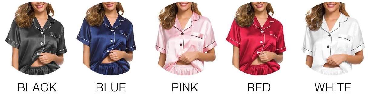 Summer satin pyjama colour options: black, blue, pink, red and white