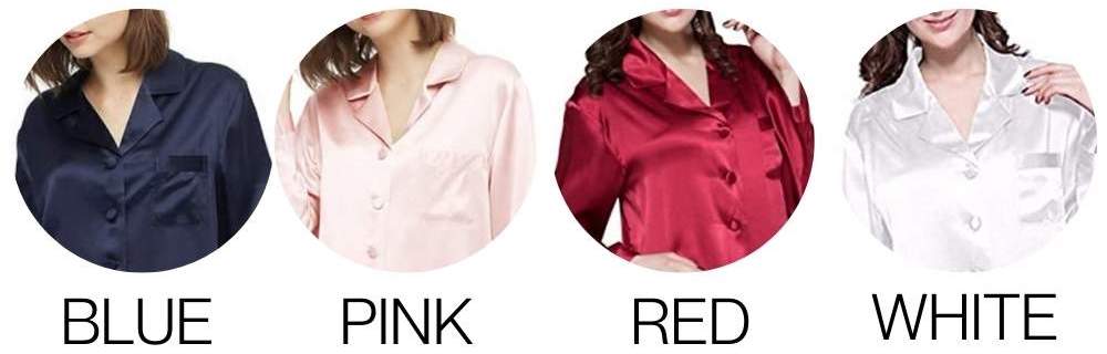 Silk pyjama colour options: blue, pink, red and white