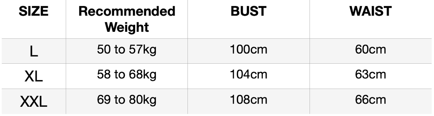 Size chart for the summer satin pyjamas: recommended weight, bust and waist for sizes L, XL and XXL