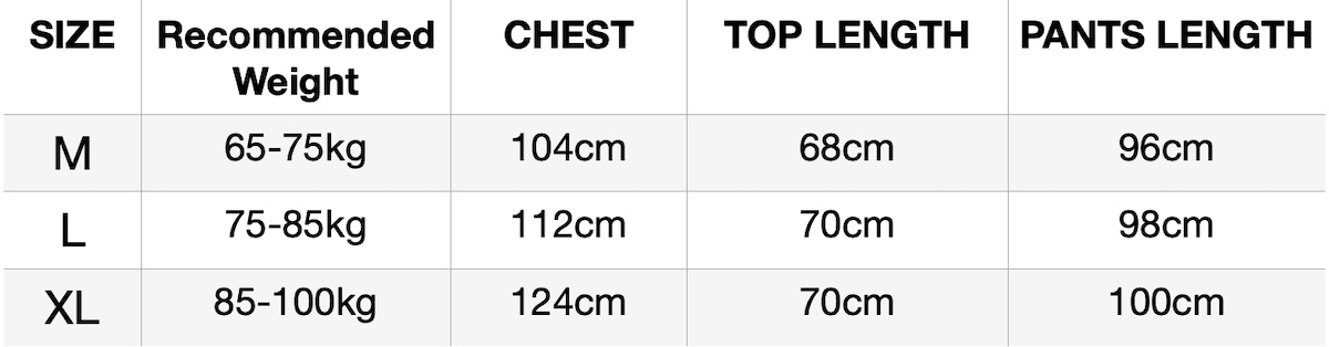 Size chart for men's long sleeve satin pyjamas, sizes M to XL