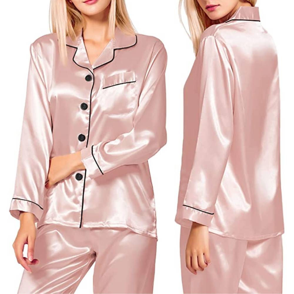 Pink satin pyjama set, front and back views