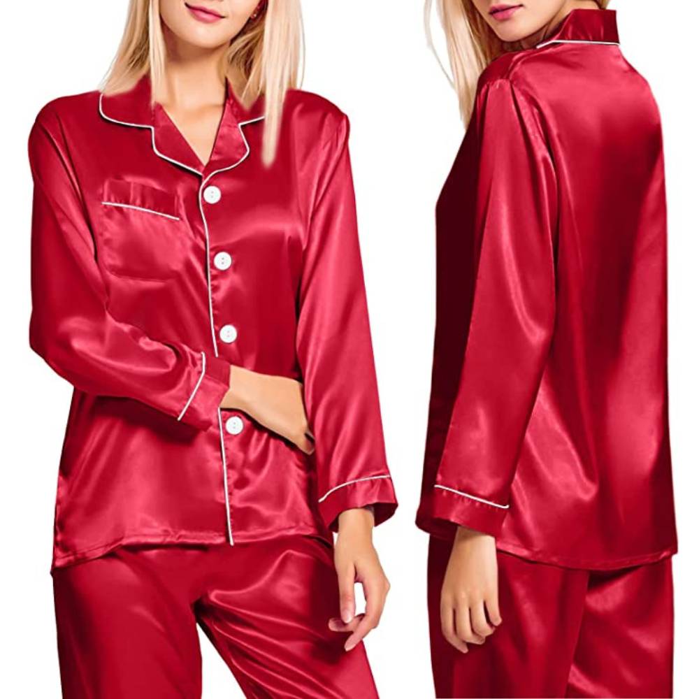 Red satin pyjama set, front and back views