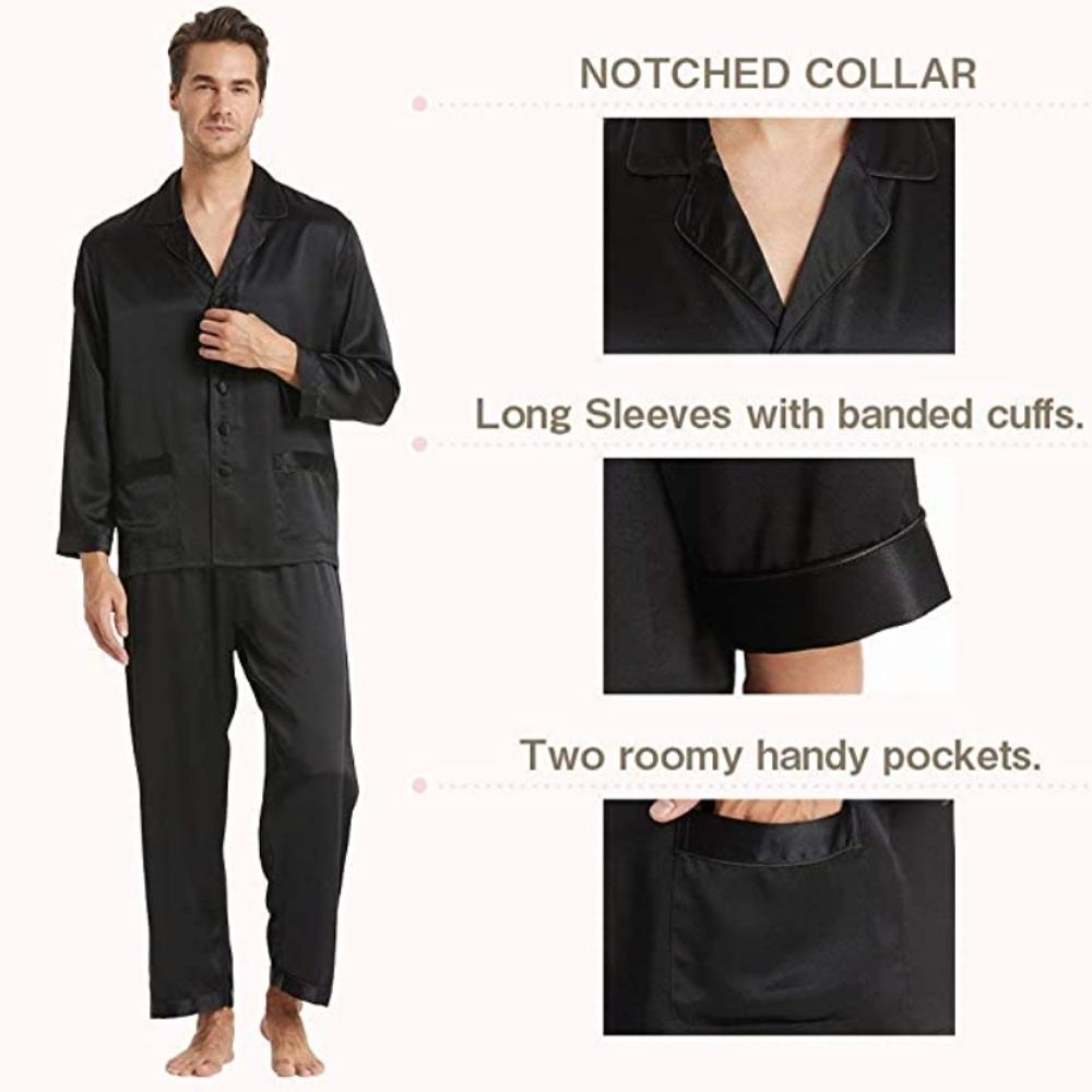 Men's black mulberry silk long sleeve pyjamas