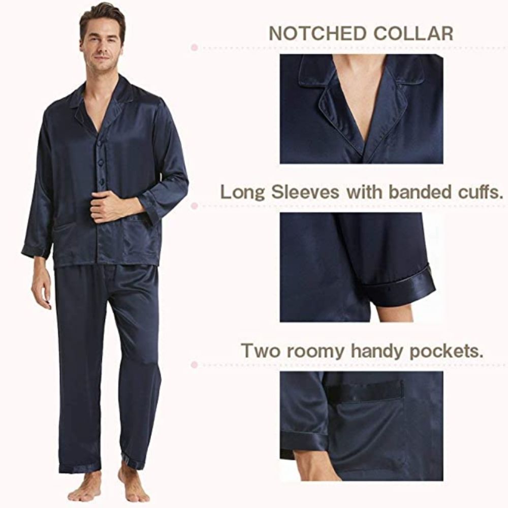 Men's blue mulberry silk long sleeve pyjamas