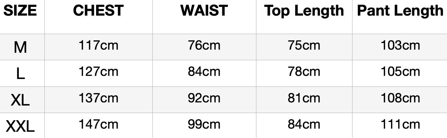 Size chart for men's silk pyjamas, sizes M to XXL