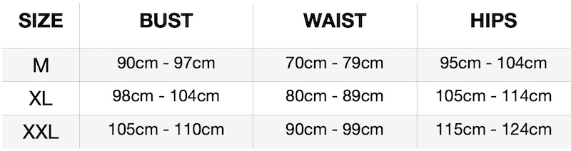 Size chart for the satin pyjama set: bust, waist and hips for sizes M, XL and XXL