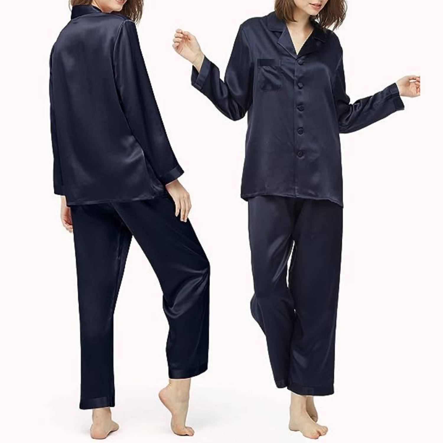 Blue silk pyjamas, front and back views