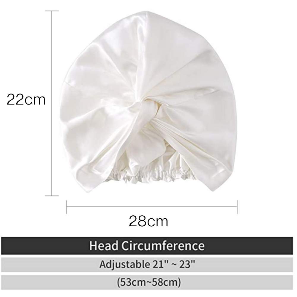 Silk hair bonnet size guide: 22 cm by 28 cm, adjustable for heads of 53 to 58 cm