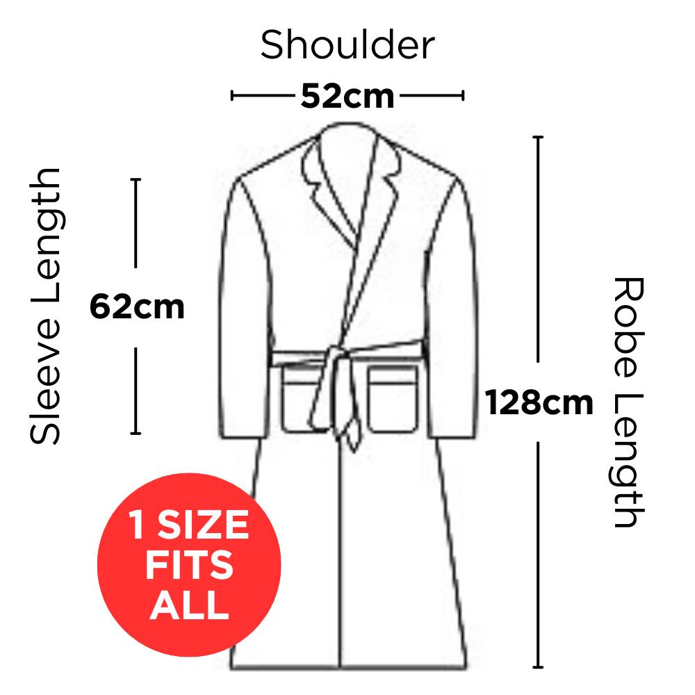 Men's silk robe size guide: one size, shoulder 52 cm, sleeve 62 cm, length 128 cm