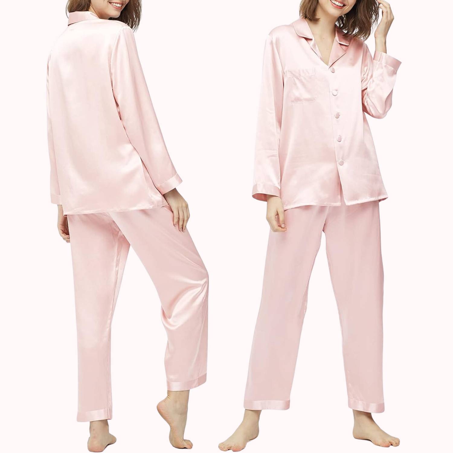 Pink silk pyjamas, front and back views