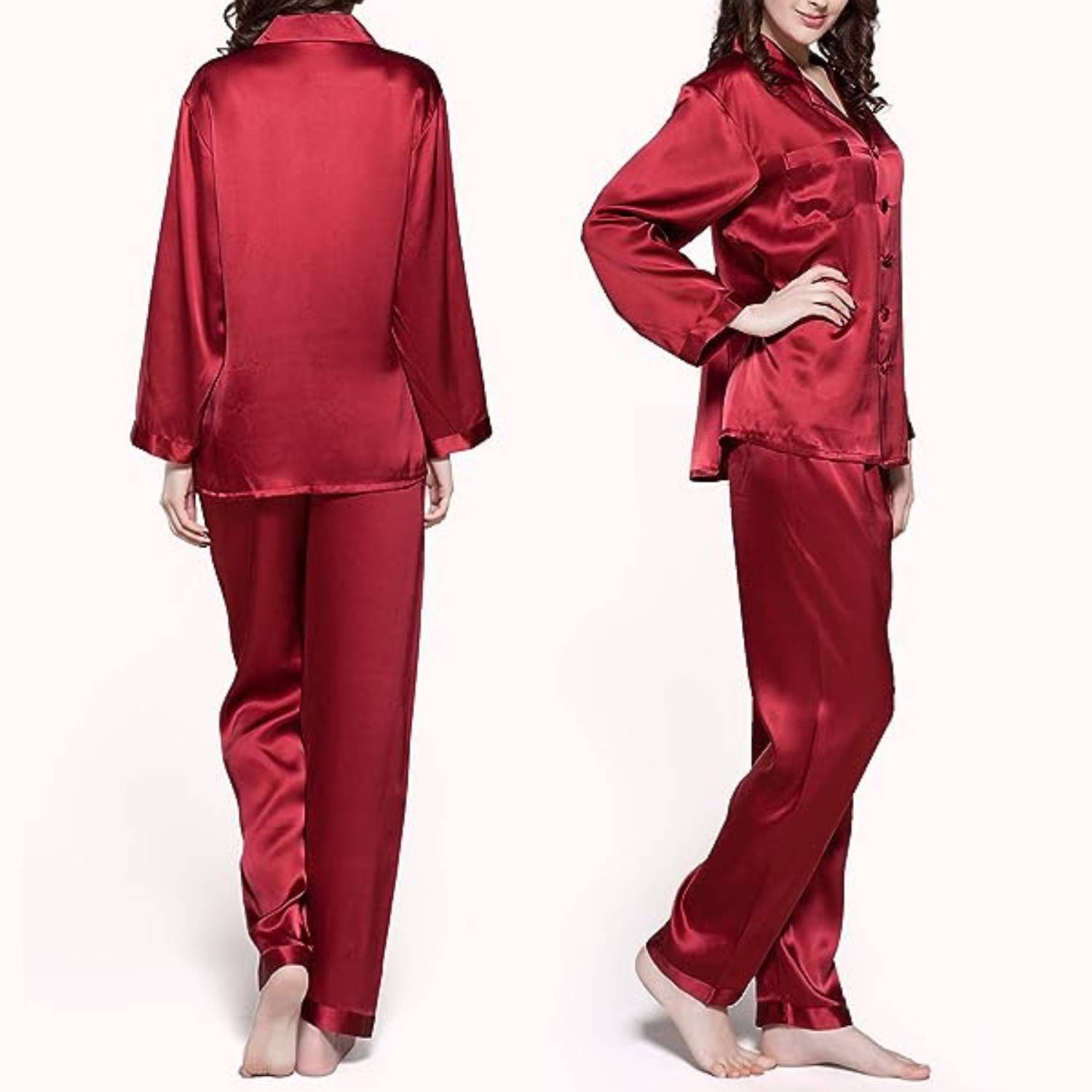 Red silk pyjamas, front and back views