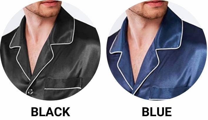 Men's satin pyjama tops in black and blue with white piping