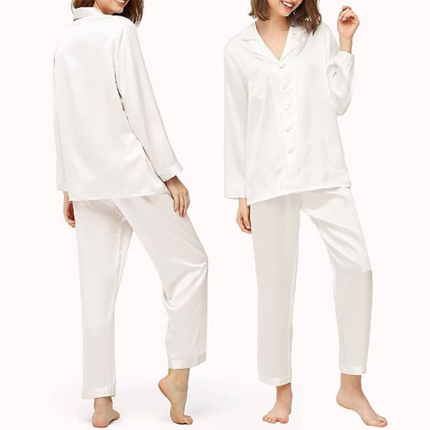 White silk pyjamas, front and back views