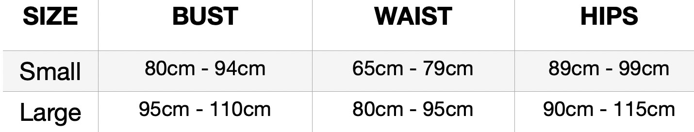 Size chart for the silk pyjamas: bust, waist and hips for Small and Large