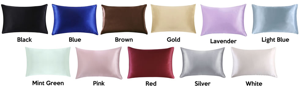 Mulberry silk pillowcases in 11 colours: black, blue, brown, gold, lavender, light blue, mint green, pink, red, silver and white