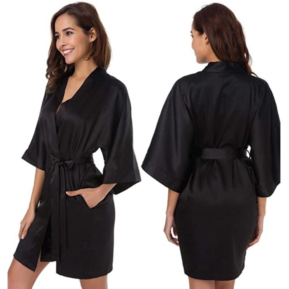 Black satin robe, front and back views, with belt and pocket