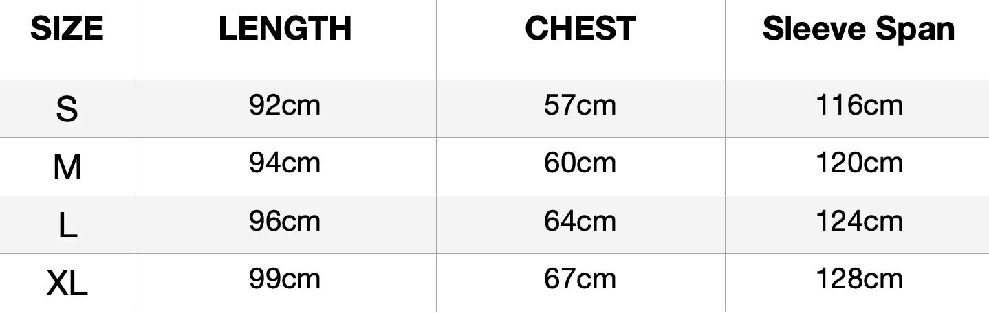 Size chart for the women's satin robe: length, chest and sleeve span for sizes S, M, L and XL