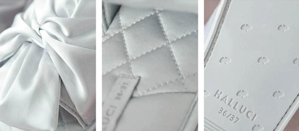 Close-ups of the slipper bow, quilted satin footbed and size label