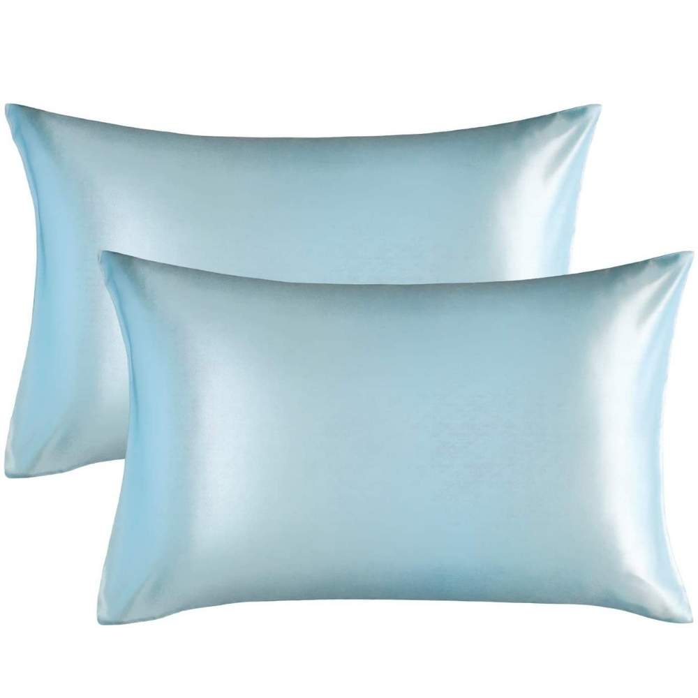 Light blue polyester satin pillowcase