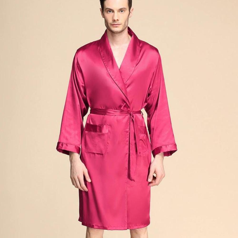Men's red satin bathrobe with belt