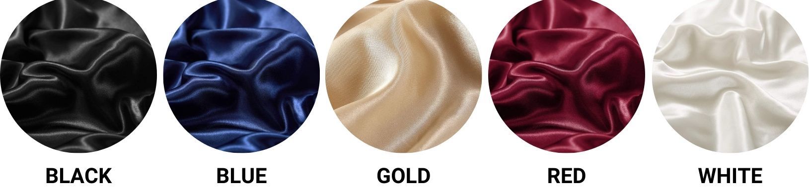 Satin bedding colour swatches: black, blue, gold, red and white