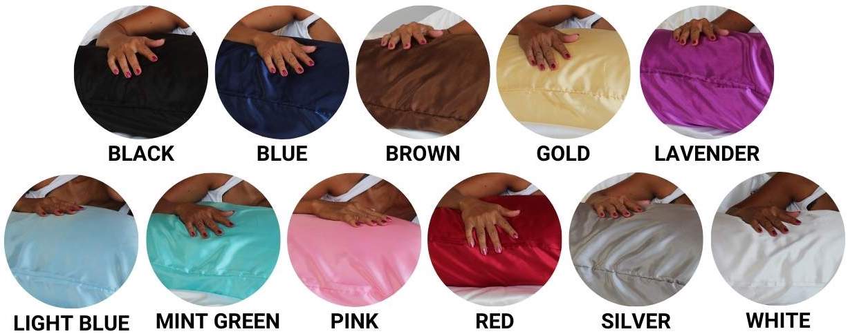Polyester satin pillowcases shown in eleven colours