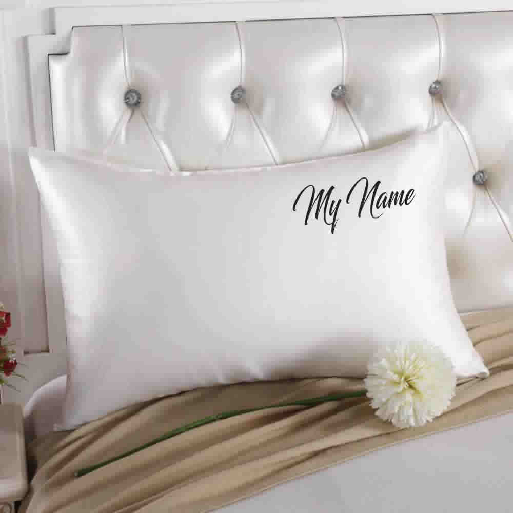 White silk pillowcase embroidered with the words My Name