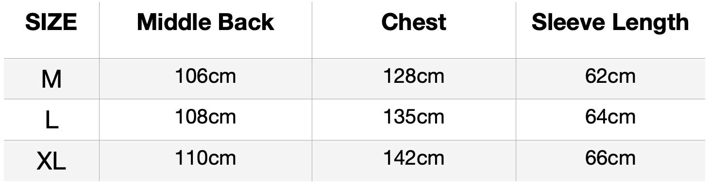 Size chart for men's satin robe, sizes M to XL