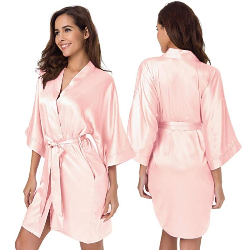 Pink satin robe, front and back views