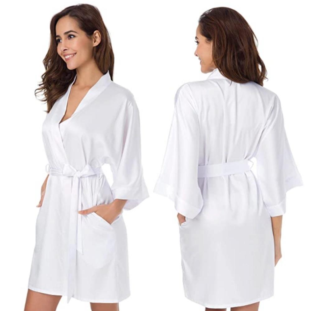 White satin robe, front and back views, with side pocket