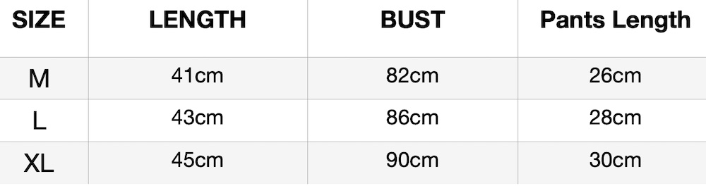 Size chart for the cami set: length, bust and shorts length for sizes M, L and XL