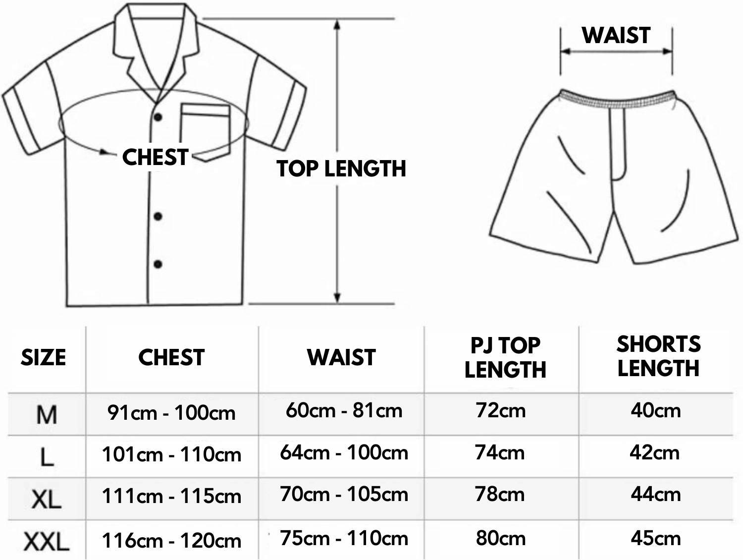 Size chart for men's short sleeve satin pyjamas, sizes M to XXL