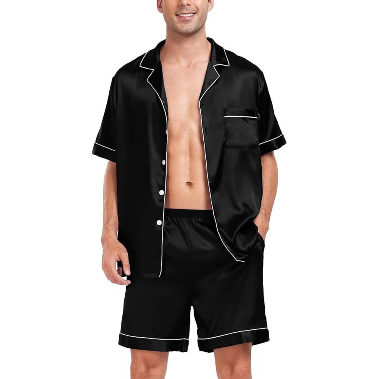 Men's black satin pyjamas with white piping