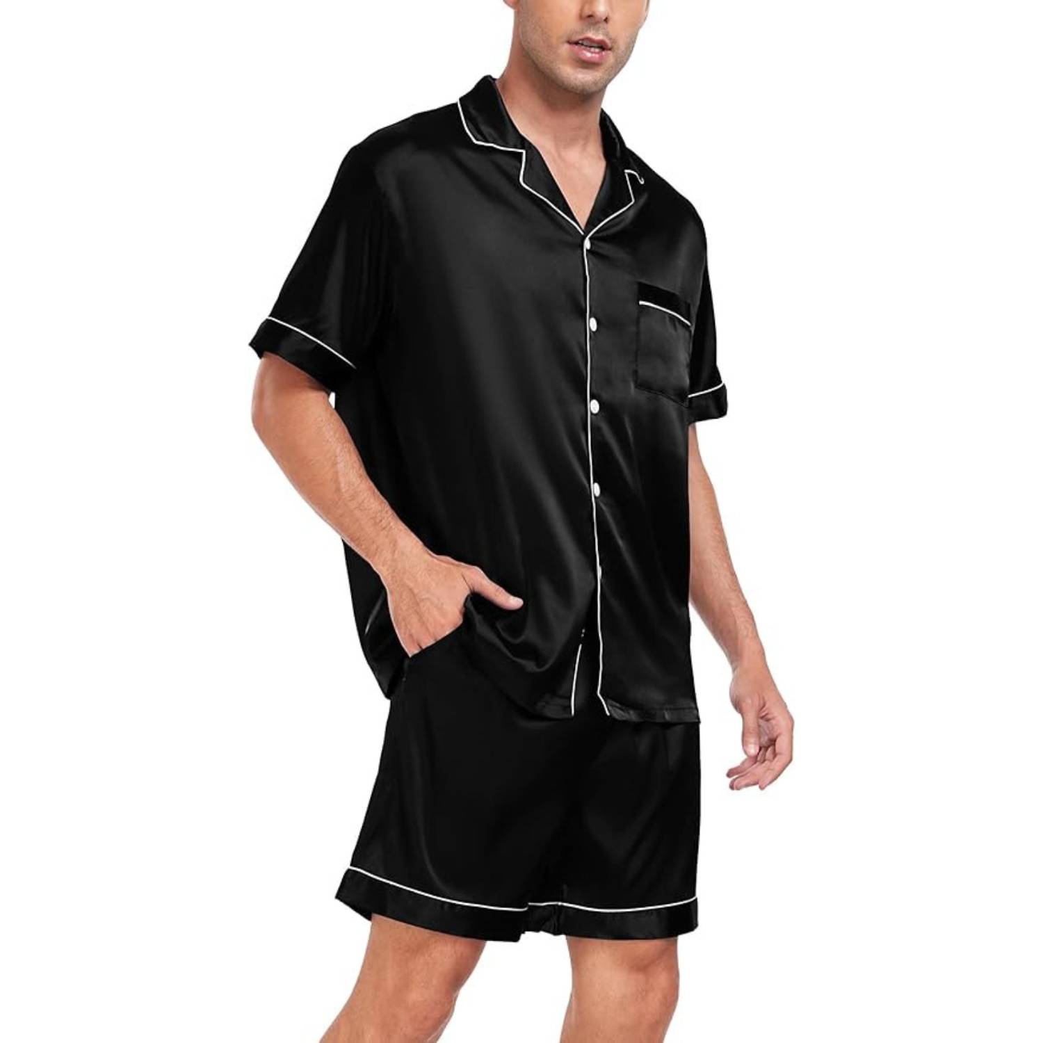 Men's black short sleeve satin PJ set