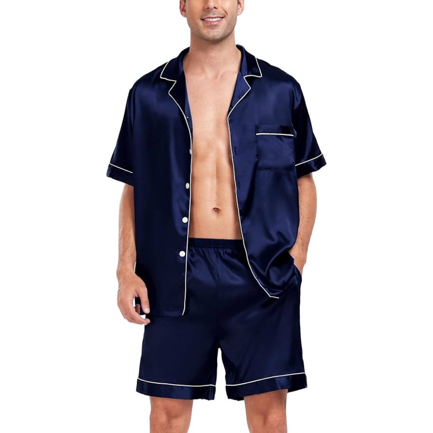 Men's blue satin pyjamas with white piping
