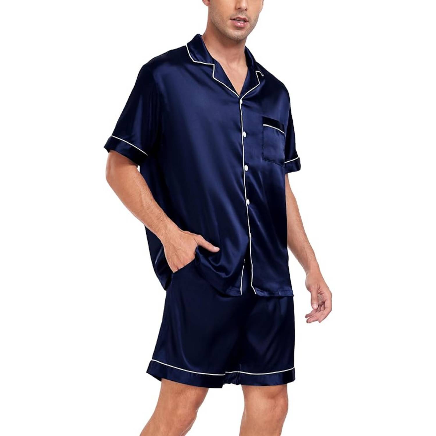 Men's blue short sleeve satin PJ set