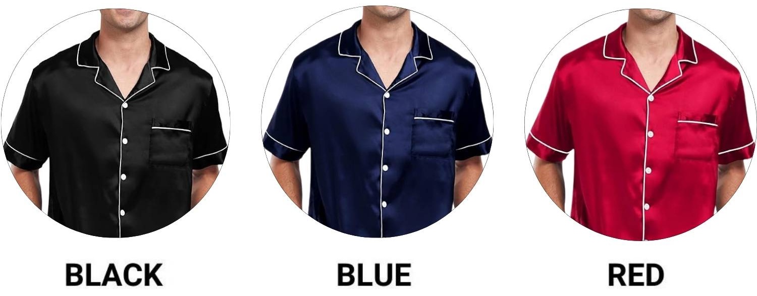 Men's short sleeve satin pyjama tops in black, blue and red