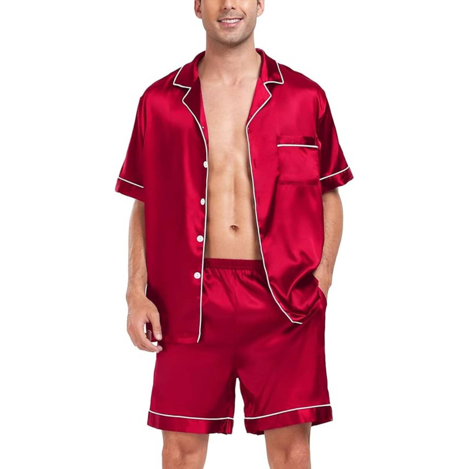 Men's red satin pyjamas with white piping