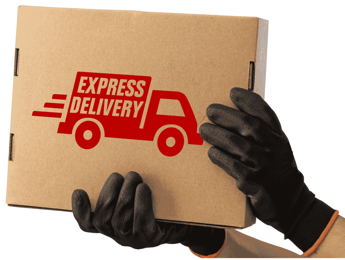 Gloved hands holding a cardboard box printed with an express delivery van